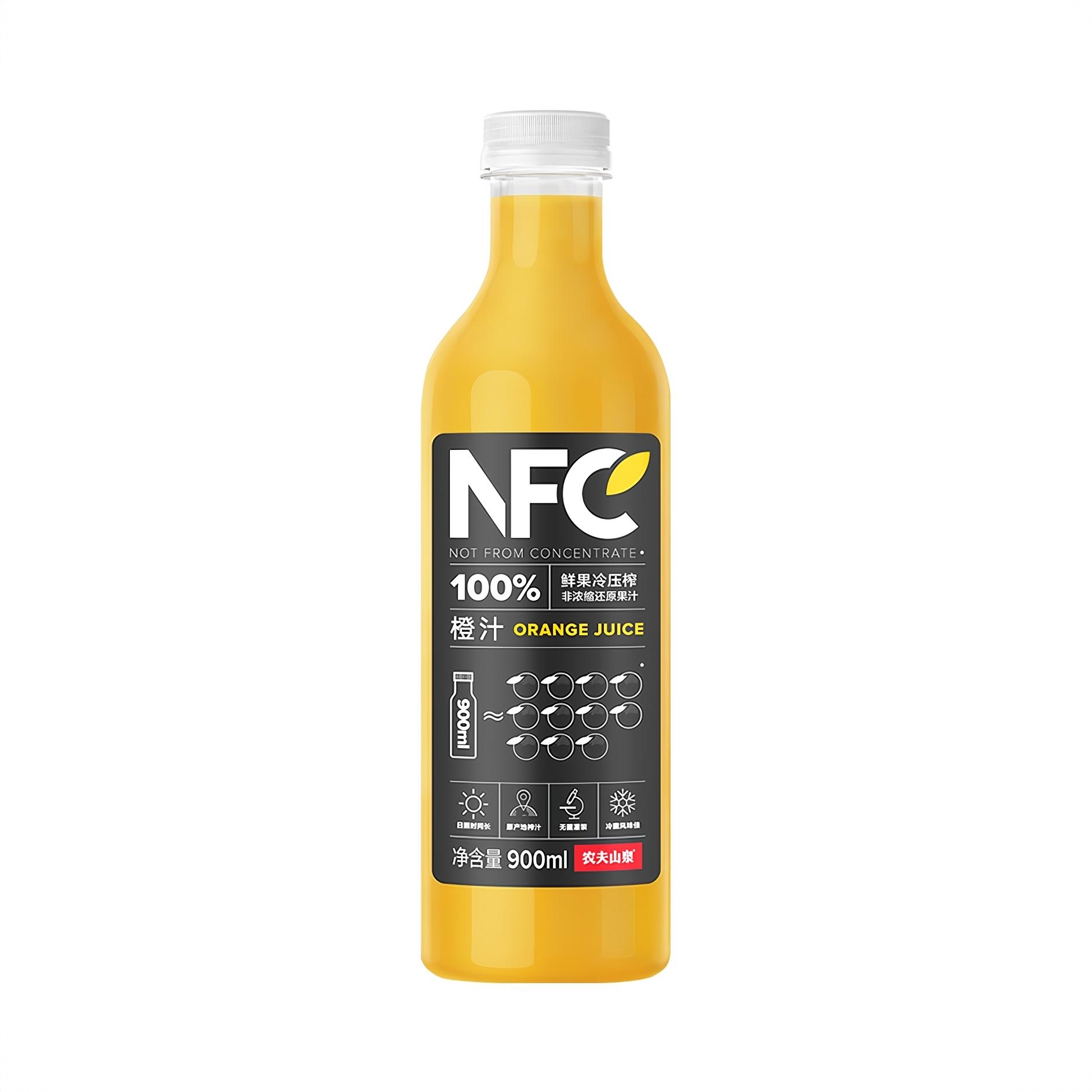 NFC100%橙汁 瓶装 鲜榨 纯果汁饮料 冷藏型无添加非浓缩 酸甜 900ml